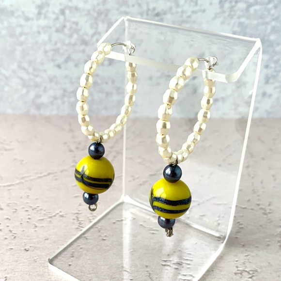 Line Dancer - Yellow and Blue Glass Hoop Earrings - Picture 3 of 5